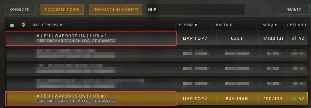 Список серверів у грі: два наші сервери обведено червоним